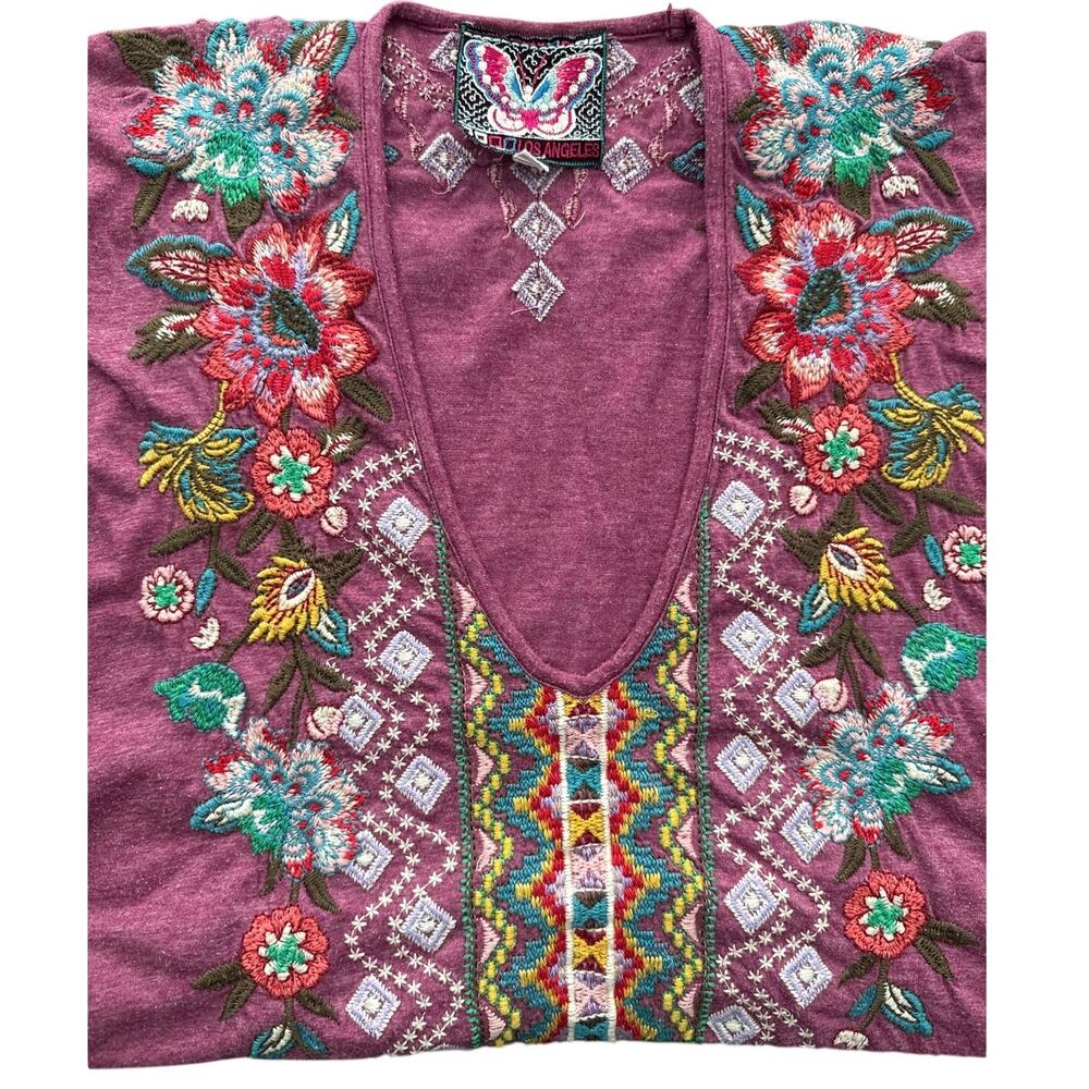 Johnny Was Purple Embroidered V-Neck Short Sleeve Tee - Picture 5 of 8